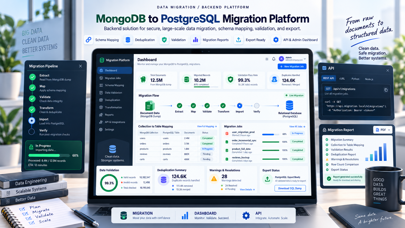 Preview of MongoDB to PostgreSQL Migration Platform dashboard showing schema mapping and data validation workflows